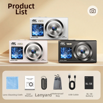 Selfie-kahekordse ekraaniga digikaamera 5x optilise suumi, CMOS 16 MP (1/2.8), 3840x2160@30fps