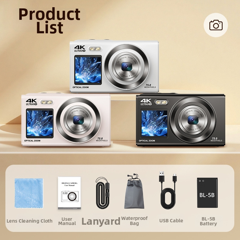 Selfie-kahekordse ekraaniga digikaamera 5x optilise suumi, CMOS 16 MP (1/2.8), 3840x2160@30fps