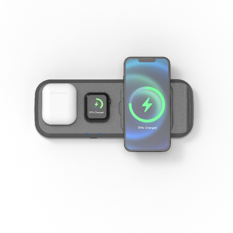 3-u-1 bežični punjač za telefon, sat i slušalice – 15W bežično punjenje, QC3.0, izlaz 5V/2A, 9V/2A, 12V/2A, ukupna snaga 22W