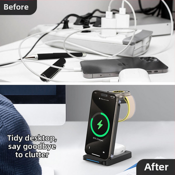 3-в-1 сгъваем магнитен безжично зарядно устройство за iPhone, AirPods и Apple Watch — 20W макс. изход, 2A, QC 3.0, CE/FCC/ROHS сертифицирано