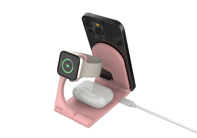 Безжична Qi зарядна стойка, сгъваема, 15W обща мощност, 9V изход, съвместима с iPhone, AirPods и Apple Watch