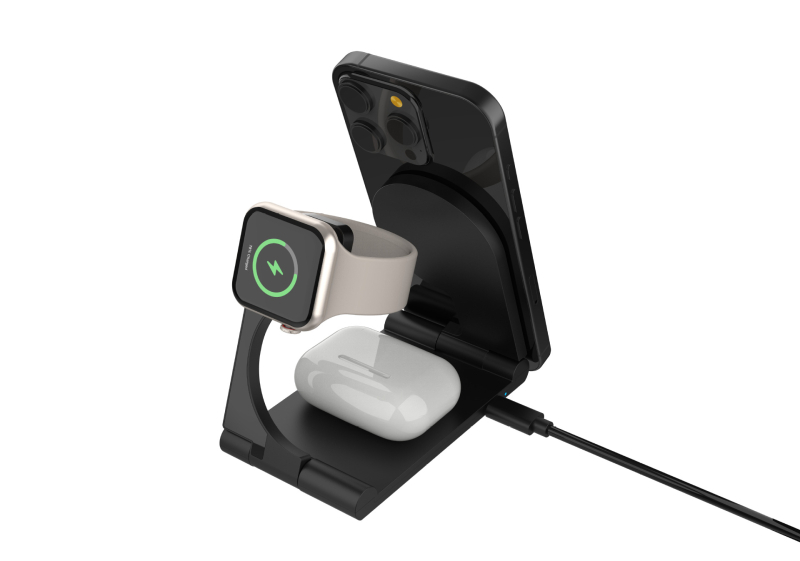 Безжична Qi зарядна стойка, сгъваема, 15W обща мощност, 9V изход, съвместима с iPhone, AirPods и Apple Watch