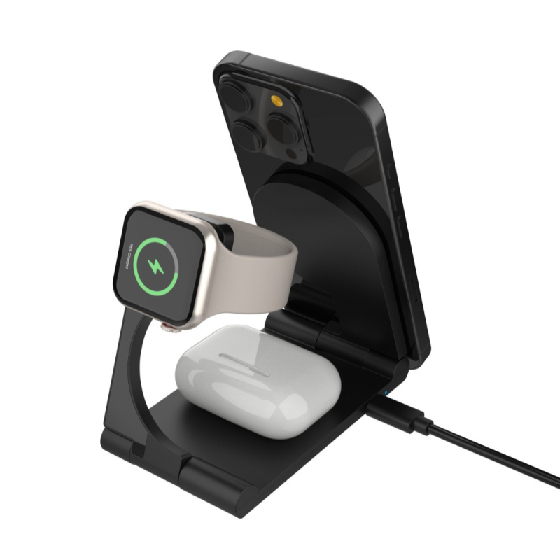 Безжична Qi зарядна стойка, сгъваема, 15W обща мощност, 9V изход, съвместима с iPhone, AirPods и Apple Watch