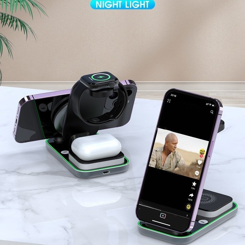 MagSafe 3-в-1 безжично зарядно за часовник и телефон, магнитно зареждане, бързо зареждане, изход 3A, макс. 15W