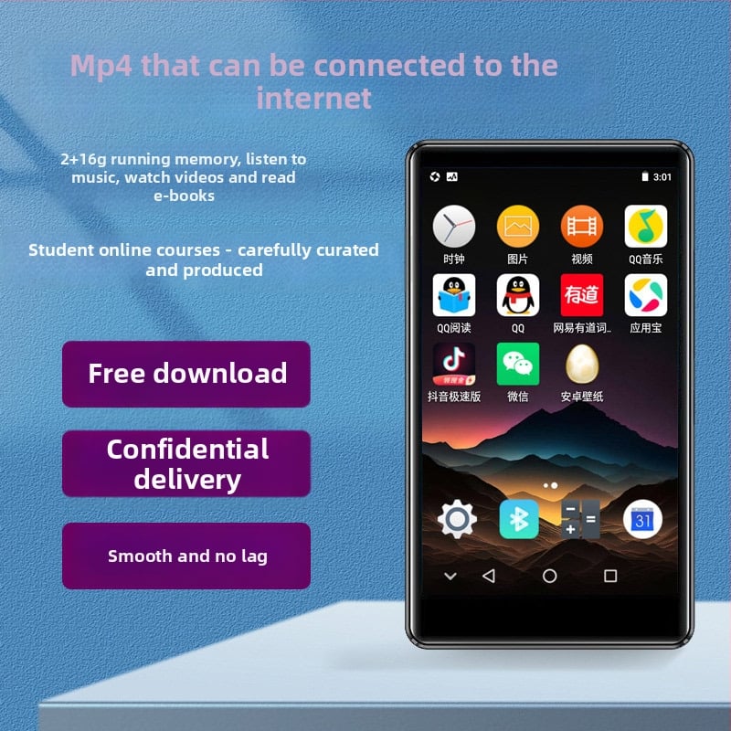 MP4 player με Wi‑Fi και οθόνη αφής 4,0 ιντσών, Bluetooth; οθόνη 480×800; υποστηρίζει MP3/WMA/WAV/OGG/FLAC ήχο και AVI/FLV βίντεο; μπαταρία 2000mAh, USB 2.0, TF κάρτα; OEM παραμετροποίηση διαθέσιμη, 1-ετής εγγύηση