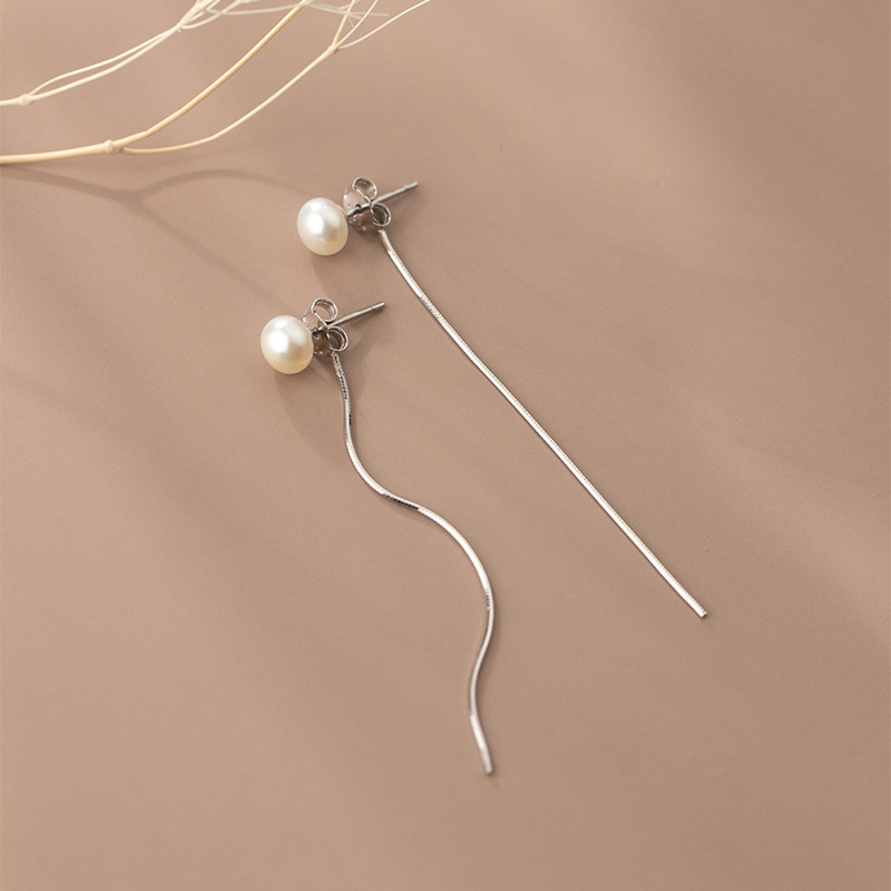 S925 ezüst fülbevaló, hosszú gyöngyös kígyólánccal és bojtokkal, nőknek, koreai stílus