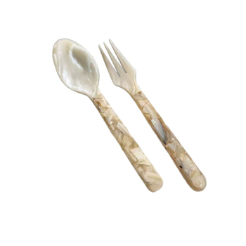 Set ceramic tacâm cu lingură, furculiță și cuțit, cu insertii din scoici și perle pentru desert, premium retro.