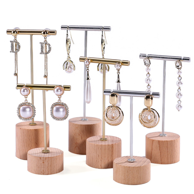 Στήριγμα προβολής σκουλαρικιών, ξύλο + μέταλλο, σχήμα Τ, σχέδιο από σίδηρο, μονόροφο, κοριτσίστικο στυλ