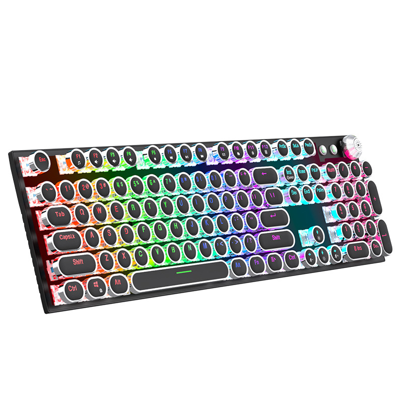 Tastatură mecanică cu iluminare RGB în trei moduri și buton multimedia electroplatinat, conectare prin cablu, 104 taste, carcasă metalică