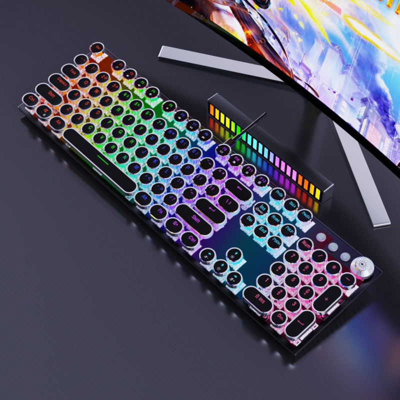 Tastatură mecanică cu iluminare RGB în trei moduri și buton multimedia electroplatinat, conectare prin cablu, 104 taste, carcasă metalică