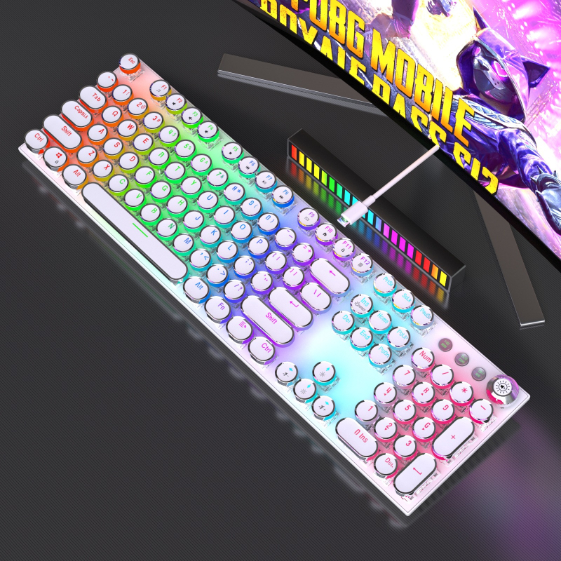 Tastatură mecanică cu iluminare RGB în trei moduri și buton multimedia electroplatinat, conectare prin cablu, 104 taste, carcasă metalică