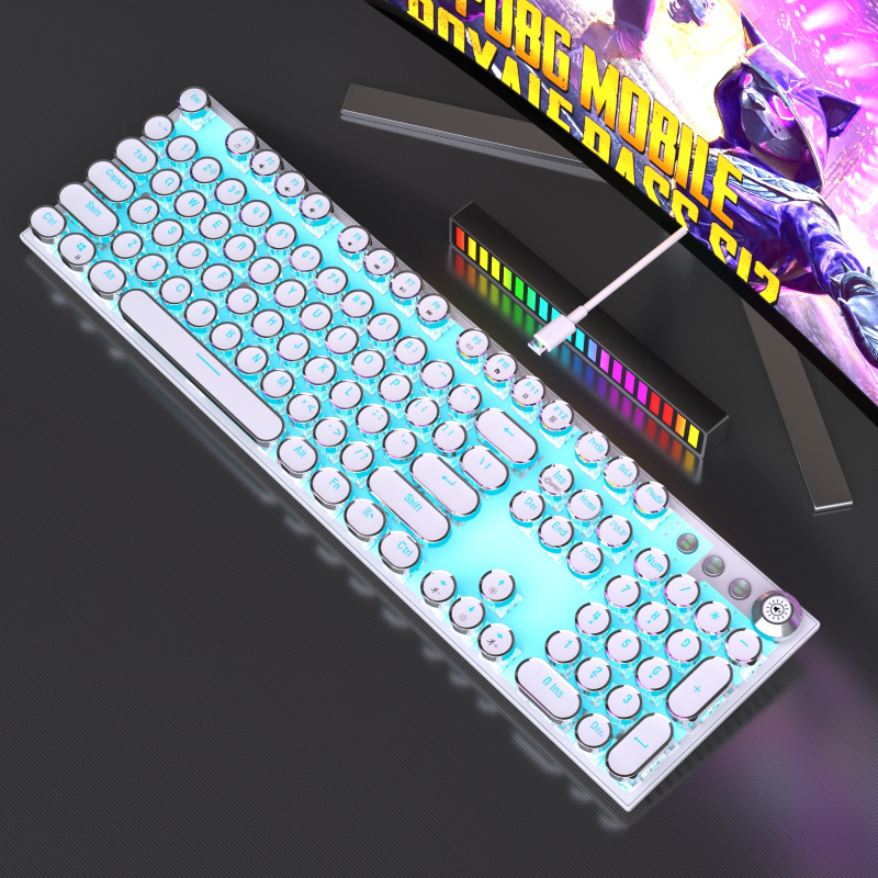 Tastatură mecanică cu iluminare RGB în trei moduri și buton multimedia electroplatinat, conectare prin cablu, 104 taste, carcasă metalică
