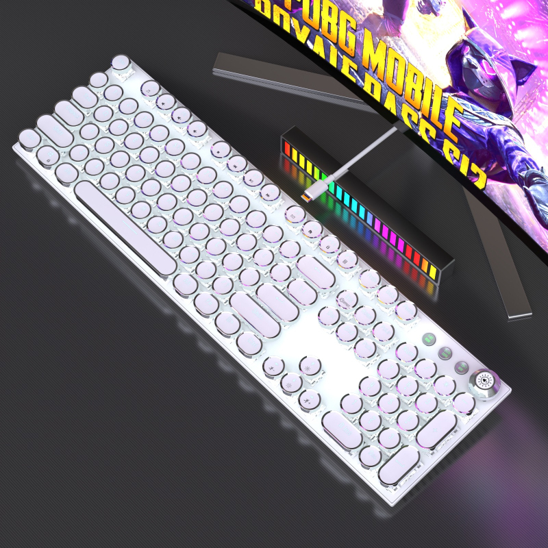 Tastatură mecanică cu iluminare RGB în trei moduri și buton multimedia electroplatinat, conectare prin cablu, 104 taste, carcasă metalică