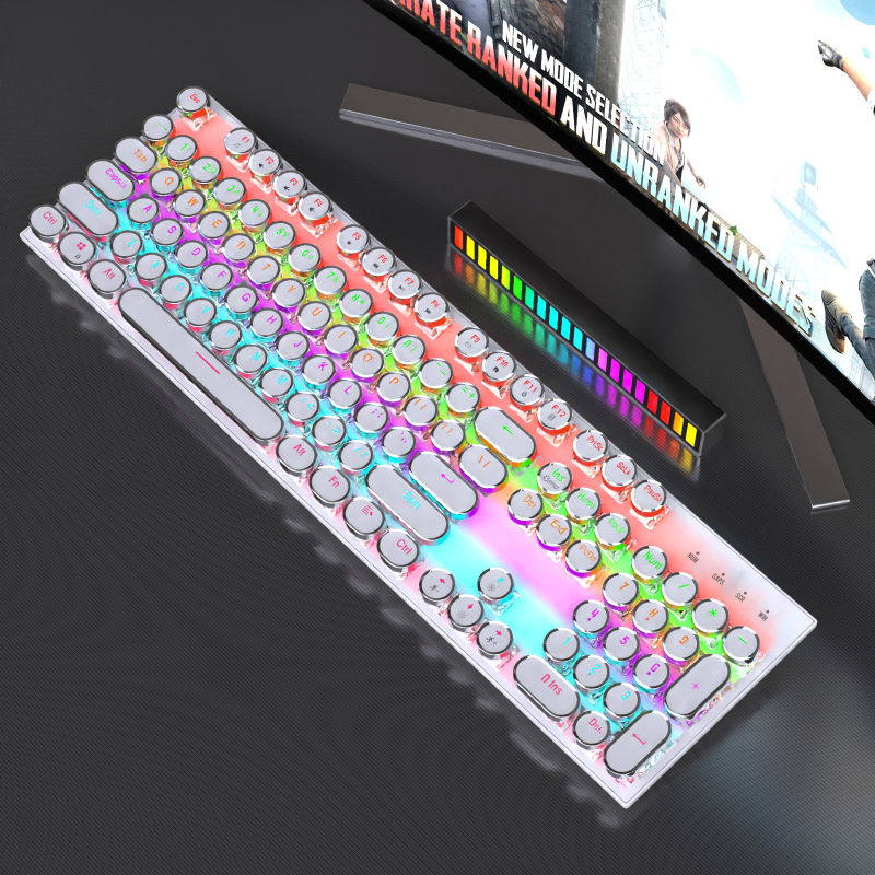 Tastatură mecanică cu iluminare RGB în trei moduri și buton multimedia electroplatinat, conectare prin cablu, 104 taste, carcasă metalică