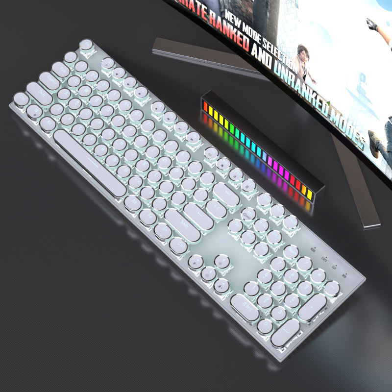 Tastatură mecanică cu iluminare RGB în trei moduri și buton multimedia electroplatinat, conectare prin cablu, 104 taste, carcasă metalică