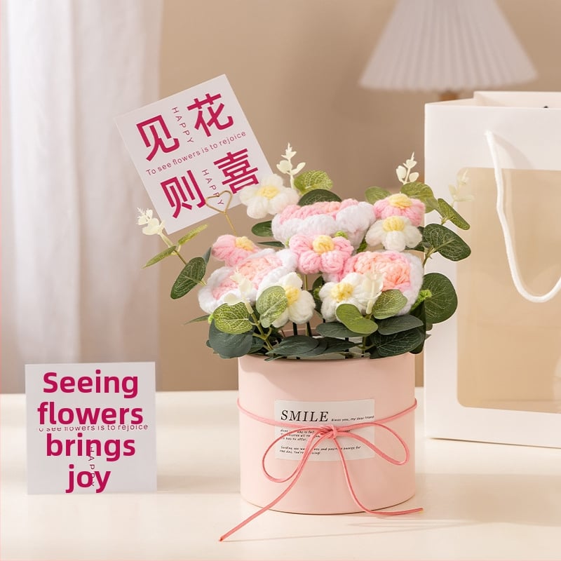 Buchet de Flori Tricotat Manual, Trandafiri Veșnici, Brand Happy Flowers, Ornament pentru Ziua Profesorului