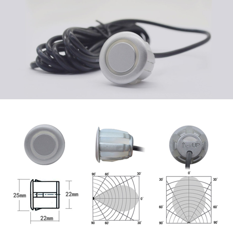 Garsinės atbulinės eigos radaro jutiklis, plokščioji 22 mm zondo, 12V maitinimas, 1 zondas, buzzer įspėjimas