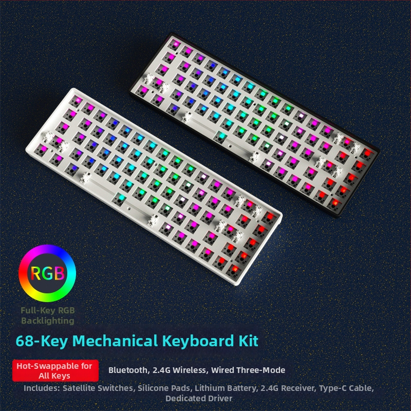 Kit tastatură mecanică de 68 de taste cu iluminare RGB, trei moduri Bluetooth/Wired/2.4G, hot-plug, model ZK68