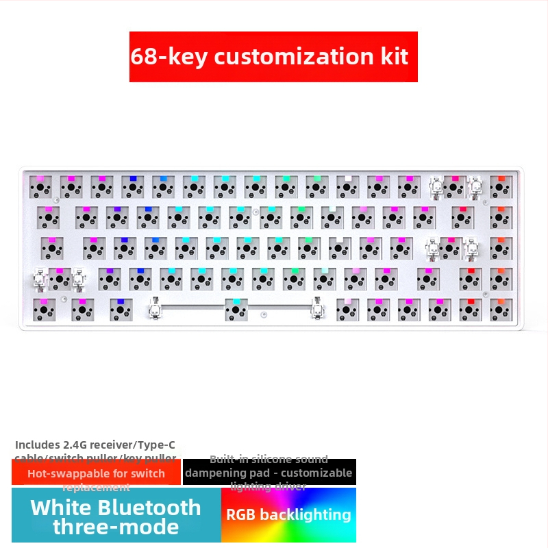 Kit tastatură mecanică de 68 de taste cu iluminare RGB, trei moduri Bluetooth/Wired/2.4G, hot-plug, model ZK68