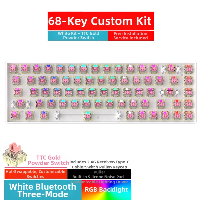 Kit tastatură mecanică de 68 de taste cu iluminare RGB, trei moduri Bluetooth/Wired/2.4G, hot-plug, model ZK68