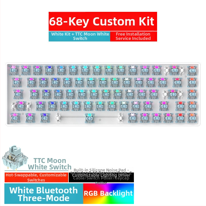 Kit tastatură mecanică de 68 de taste cu iluminare RGB, trei moduri Bluetooth/Wired/2.4G, hot-plug, model ZK68