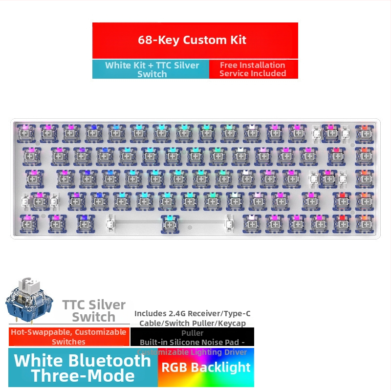 Kit tastatură mecanică de 68 de taste cu iluminare RGB, trei moduri Bluetooth/Wired/2.4G, hot-plug, model ZK68