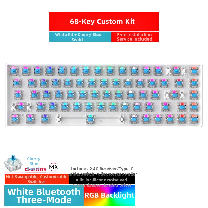 Kit tastatură mecanică de 68 de taste cu iluminare RGB, trei moduri Bluetooth/Wired/2.4G, hot-plug, model ZK68