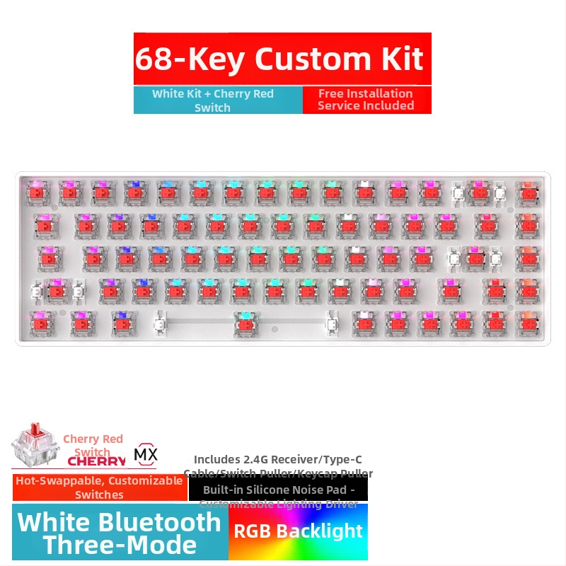 Kit tastatură mecanică de 68 de taste cu iluminare RGB, trei moduri Bluetooth/Wired/2.4G, hot-plug, model ZK68