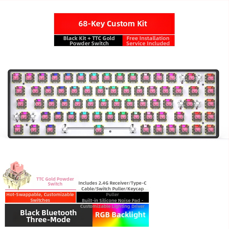 Kit tastatură mecanică de 68 de taste cu iluminare RGB, trei moduri Bluetooth/Wired/2.4G, hot-plug, model ZK68