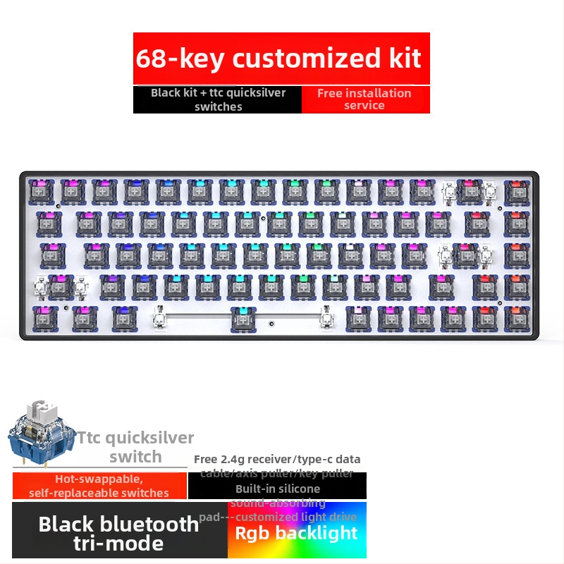Kit tastatură mecanică de 68 de taste cu iluminare RGB, trei moduri Bluetooth/Wired/2.4G, hot-plug, model ZK68