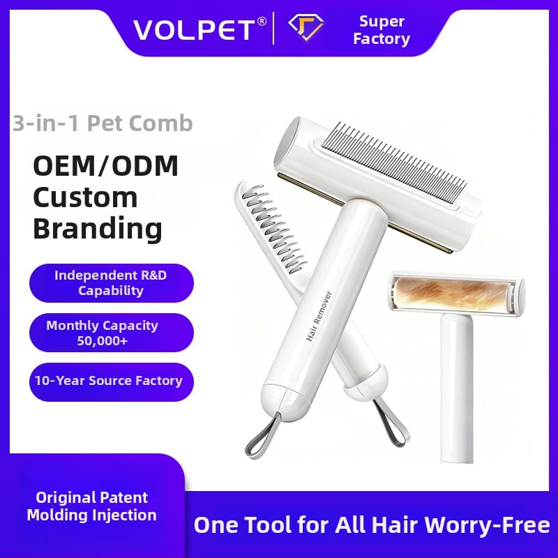 Volpet/Wopet Îndepărtător de păr pentru animale de companie pentru pisici cu blană lungă — ABS, oțel inoxidabil, cauciuc, cap pătrat