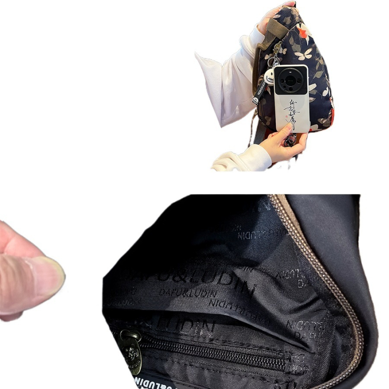 Geantă crossbody din material cu flori de mătase, închidere tip capac, buzunar cu fermoar, căptușeală PU, design exterior tridimensional, stil unisex