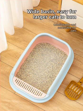 Kaķu smilšu kaste ar pusslēgtu dizainu, atvērta augšdaļa, plastmasas konstrukcija pret šļakstēšanu