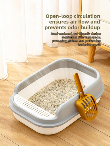 Kaķu smilšu kaste ar pusslēgtu dizainu, atvērta augšdaļa, plastmasas konstrukcija pret šļakstēšanu