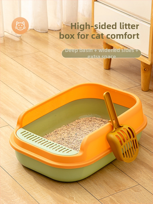 Kaķu smilšu kaste ar pusslēgtu dizainu, atvērta augšdaļa, plastmasas konstrukcija pret šļakstēšanu