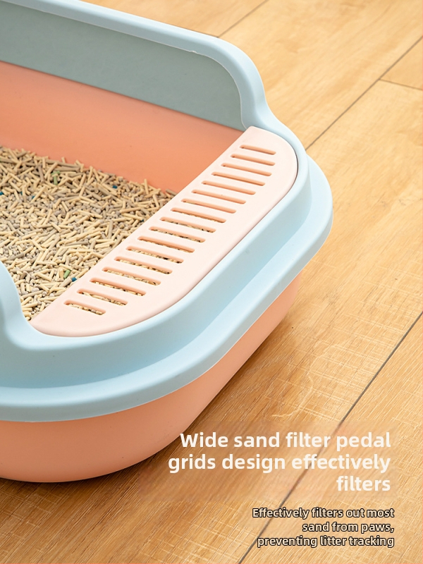 Kaķu smilšu kaste ar pusslēgtu dizainu, atvērta augšdaļa, plastmasas konstrukcija pret šļakstēšanu