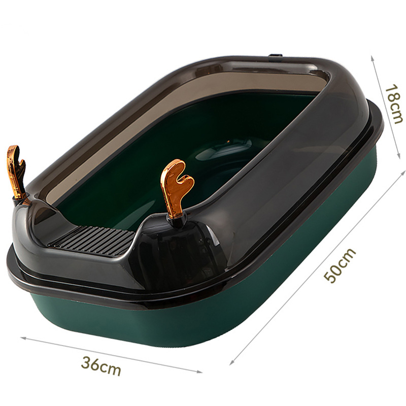 Kaķu smilšu kaste ar pusslēgtu dizainu, atvērta augšdaļa, plastmasas konstrukcija pret šļakstēšanu