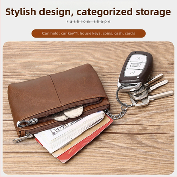 Portofel monedă din piele naturală, din piele de vită de prim strat, cu compartimente pentru monede, carduri și chei — stil urban