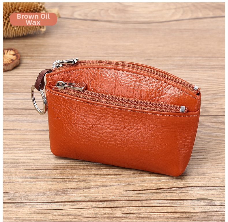 Portofel monedă din piele naturală, din piele de vită de prim strat, cu compartimente pentru monede, carduri și chei — stil urban