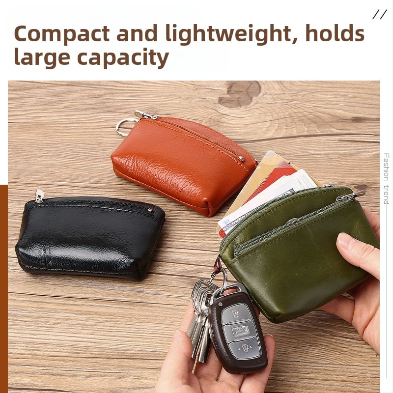 Portofel monedă din piele naturală, din piele de vită de prim strat, cu compartimente pentru monede, carduri și chei — stil urban