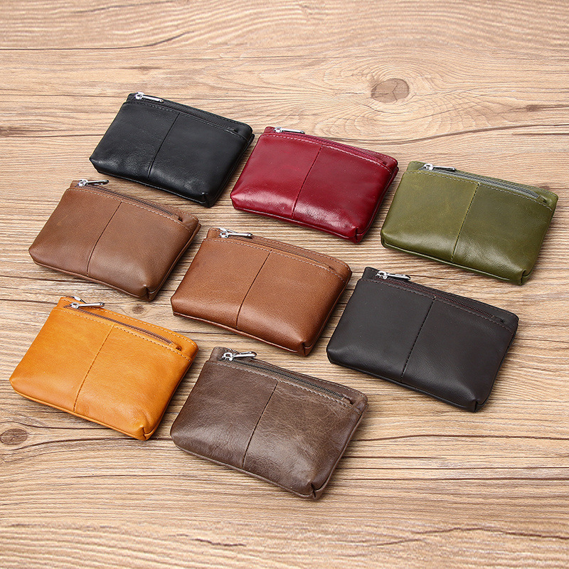 Portofel monedă din piele naturală, din piele de vită de prim strat, cu compartimente pentru monede, carduri și chei — stil urban