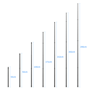 7-szakaszos teleszkópos selfie-sticka szénszálas és alumínium ötvözetből, 1/4 hüvelyk csatlakozással és action kamera kompatibilitás, teherbírás kevesebb mint 2 kg