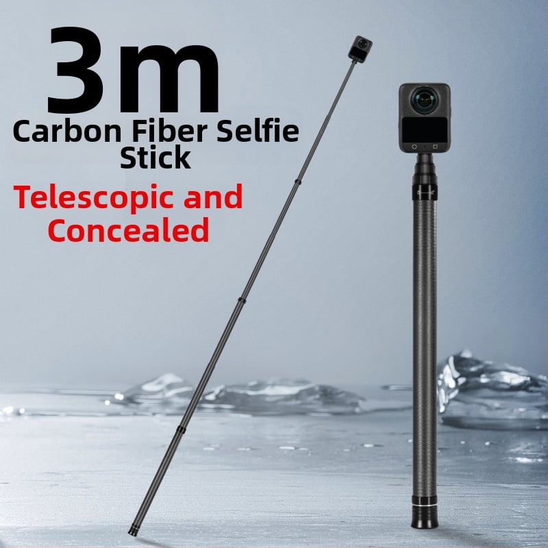 7-szakaszos teleszkópos selfie-sticka szénszálas és alumínium ötvözetből, 1/4 hüvelyk csatlakozással és action kamera kompatibilitás, teherbírás kevesebb mint 2 kg