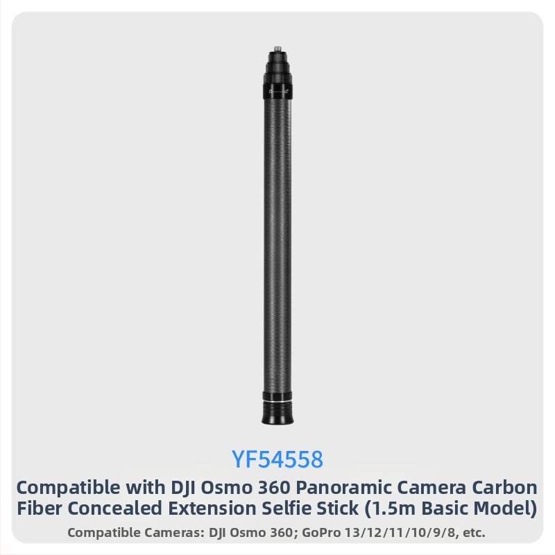 7-szakaszos teleszkópos selfie-sticka szénszálas és alumínium ötvözetből, 1/4 hüvelyk csatlakozással és action kamera kompatibilitás, teherbírás kevesebb mint 2 kg