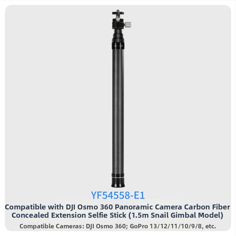 7-szakaszos teleszkópos selfie-sticka szénszálas és alumínium ötvözetből, 1/4 hüvelyk csatlakozással és action kamera kompatibilitás, teherbírás kevesebb mint 2 kg