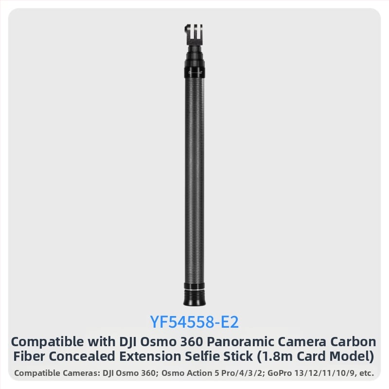 7-szakaszos teleszkópos selfie-sticka szénszálas és alumínium ötvözetből, 1/4 hüvelyk csatlakozással és action kamera kompatibilitás, teherbírás kevesebb mint 2 kg