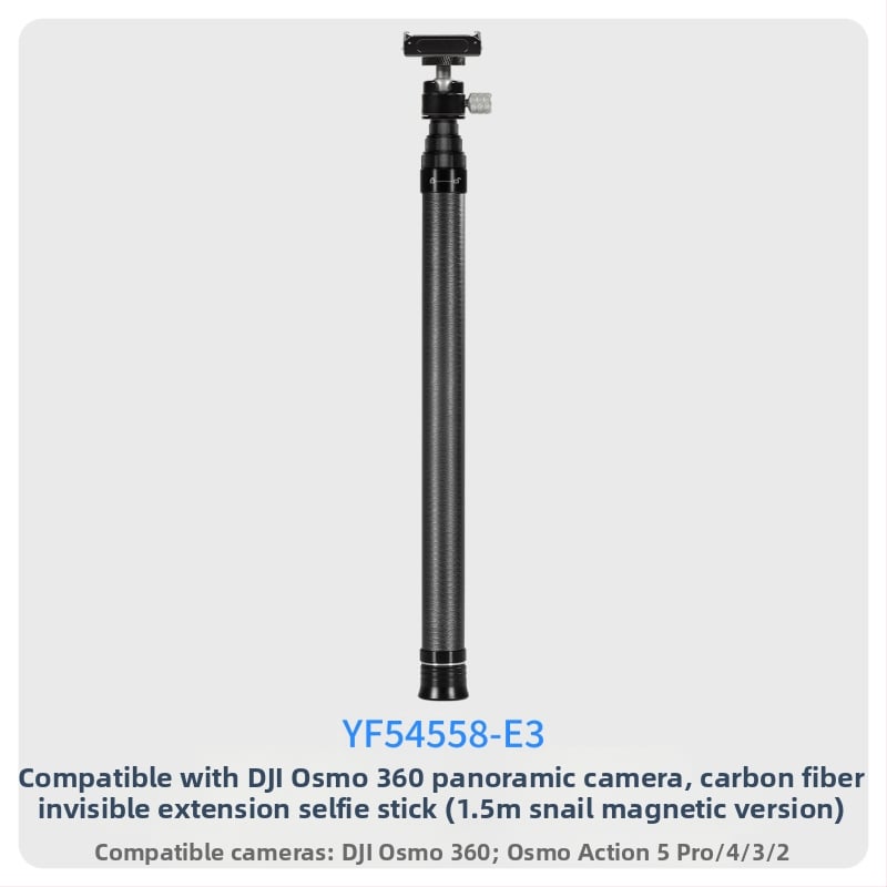 7-szakaszos teleszkópos selfie-sticka szénszálas és alumínium ötvözetből, 1/4 hüvelyk csatlakozással és action kamera kompatibilitás, teherbírás kevesebb mint 2 kg