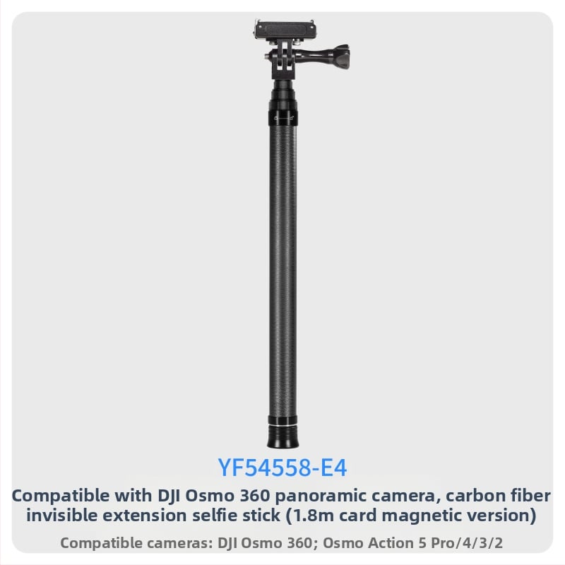 7-szakaszos teleszkópos selfie-sticka szénszálas és alumínium ötvözetből, 1/4 hüvelyk csatlakozással és action kamera kompatibilitás, teherbírás kevesebb mint 2 kg