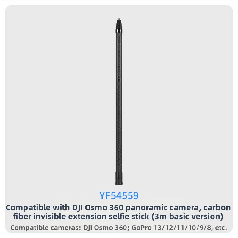 7-szakaszos teleszkópos selfie-sticka szénszálas és alumínium ötvözetből, 1/4 hüvelyk csatlakozással és action kamera kompatibilitás, teherbírás kevesebb mint 2 kg