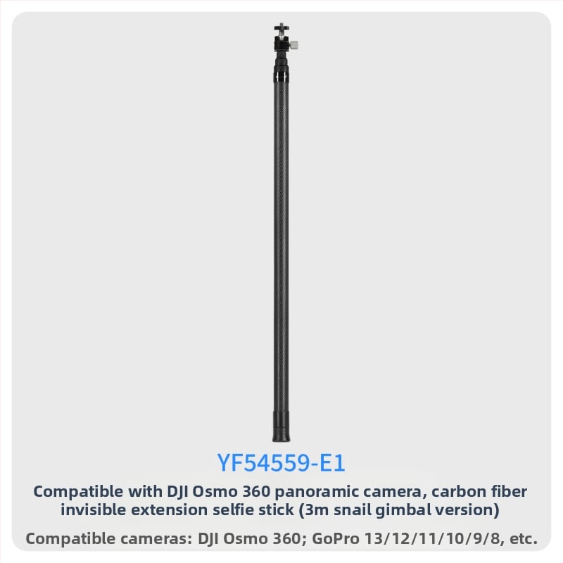 7-szakaszos teleszkópos selfie-sticka szénszálas és alumínium ötvözetből, 1/4 hüvelyk csatlakozással és action kamera kompatibilitás, teherbírás kevesebb mint 2 kg